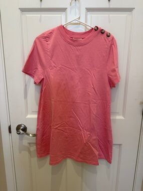 Sezane Pink Short-Sleeve Button-Shoulder Mini Dress